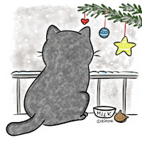 a drawing of a cat looking out a window with a bowl of milk on the ground