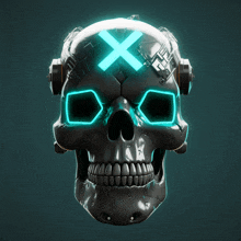 a futuristic skull with headphones and a cross on it