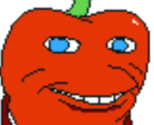 a pixel art drawing of an orange pepper with blue eyes and a green stem