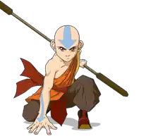 avatar aang from avatar the last airbender is kneeling down holding a stick