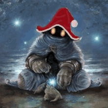 a painting of a gnome wearing a santa hat