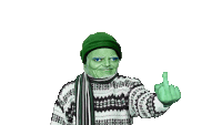 a green man wearing a green beanie and sweater is giving the middle finger