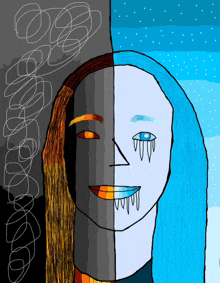 a drawing of a woman 's face with half of it being orange and the other half being blue