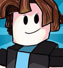 a cartoon character with brown hair is smiling and wearing a black jacket and a blue shirt .