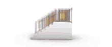 a white staircase with a rainbow colored railing on the side