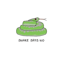 a drawing of a green snake with the words snake says no below it