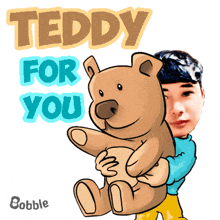 a cartoon of a boy holding a teddy bear with the words teddy for you behind him