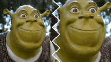 a shrek statue is split in half with one half smiling