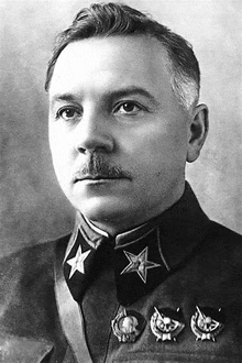 a black and white photo of a man with a mustache wearing a military uniform with stars on his collar .