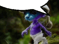 a purple smurf with a white speech bubble on top of his head .