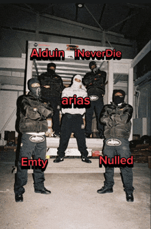 a group of men standing in front of a truck with the words alduin neverdie arias emty nulled