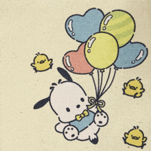 a drawing of a dog holding a bunch of balloons with chicks flying around