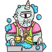 a cartoon of a monster washing dishes with a horn on his head