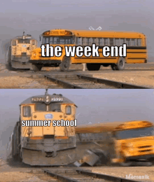 two school buses are driving down train tracks next to a train that says the week end summer school on it