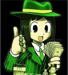 a cartoon girl in a green suit and hat is holding a glass of water and a bunch of money .