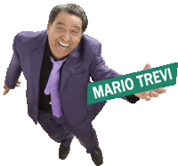 a man in a purple suit and tie is holding a green sign that says mario trevi