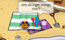 a cartoon scene with a bubble that says why do u get orange cloir