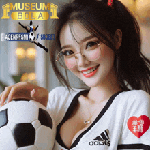 a woman wearing glasses is holding a soccer ball in front of a museum bola logo