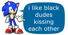 sonic the hedgehog with a speech bubble saying i like black dudes kissing each other