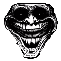 a black and white drawing of a troll face with the number 23 on it