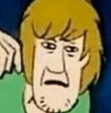 shaggy from scooby doo is making a funny face with his hands out .