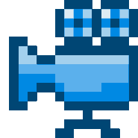 a pixel art drawing of a camera with blue squares on it