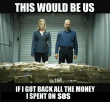 a man and a woman standing in front of stacks of money with a caption that says this would be us