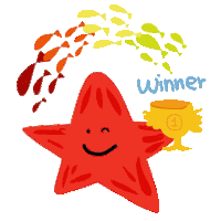 a red starfish is holding a gold trophy with the word winner written below it