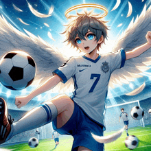 a boy with angel wings and the number 7 on his shirt