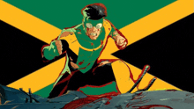 a cartoon of a man in a green and yellow superhero costume with a flag in the background .