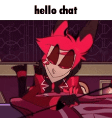 a cartoon character is sitting on a bed with the words `` hello chat '' on the bottom .