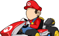 a cartoon of mario driving a kart with the letter m on the side