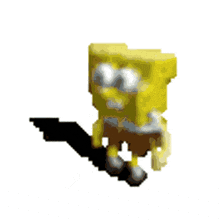 a pixel art of spongebob squarepants holding a black object