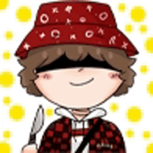 a cartoon character wearing a red hat and a plaid shirt is holding a knife .