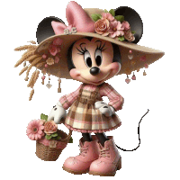 minnie mouse is wearing a hat and overalls and holding a basket