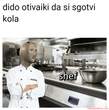 a chef with his arms crossed stands in a kitchen next to a bowl that says shef on it