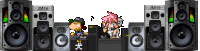 a cartoon of a boy and a girl playing music with jm10 speakers in the background