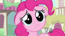 pinkie pie from my little pony is making a sad face and crying .