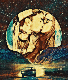 a painting of a man and woman kissing with a car in the background and the words photo lab on the bottom