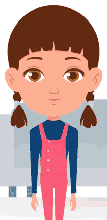 a cartoon girl wearing pink overalls and a blue shirt stands in front of a white background