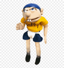 a puppet wearing a yellow shirt that says jeff smoking a cigarette