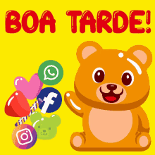 a teddy bear is holding a bunch of balloons and the words boa tarde are above it