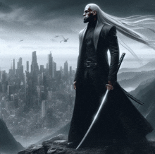 a man with long white hair is holding a sword in front of a futuristic city