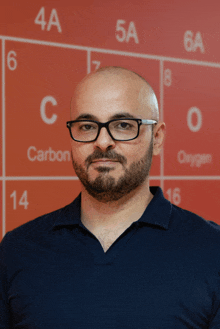 a man wearing glasses stands in front of a periodic table that says carbon