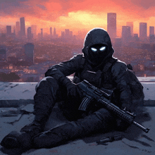 a man in a hood is holding a rifle in front of a city skyline