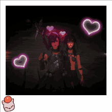 a picture of two women with glowing pink hearts around them