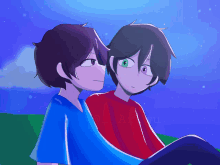 a drawing of two boys sitting next to each other with a blue background