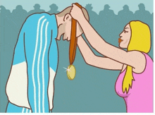 a woman is giving a medal to a man