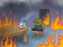 a cartoon of a frog sitting at a table with a cup that says feels good man