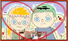 a pixel art of a boy and a girl with a heart in the middle